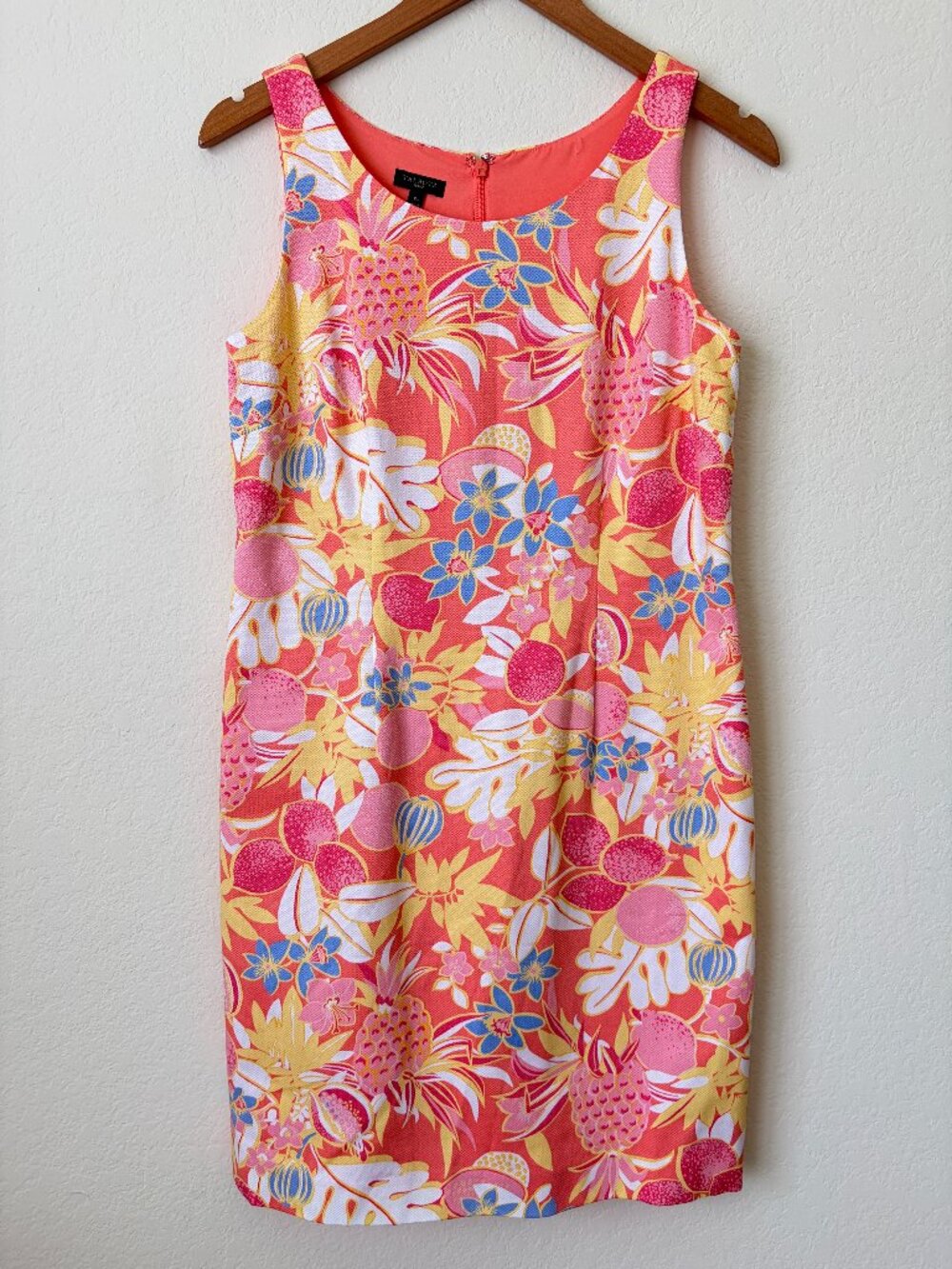 Talbots Dress Womens 6P Petite Pink Tropical Resort Fruit Floral Botanical Shift